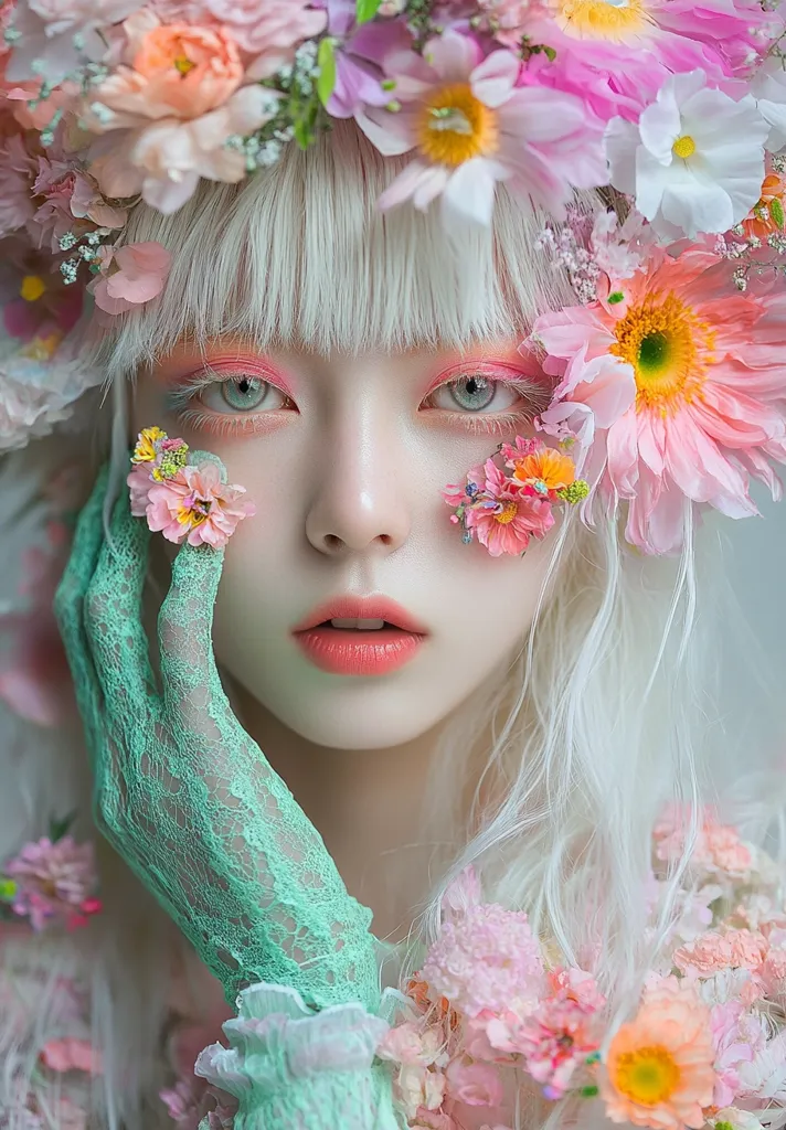 A young woman with platinum blonde hair and delicate makeup is adorned with a crown of vibrant pink and peach flowers.  Small blossoms are delicately placed on her cheeks. She wears pale mint green lace gloves, enhancing the ethereal and floral theme.  The overall image is soft, dreamy, and evokes a sense of springtime beauty.