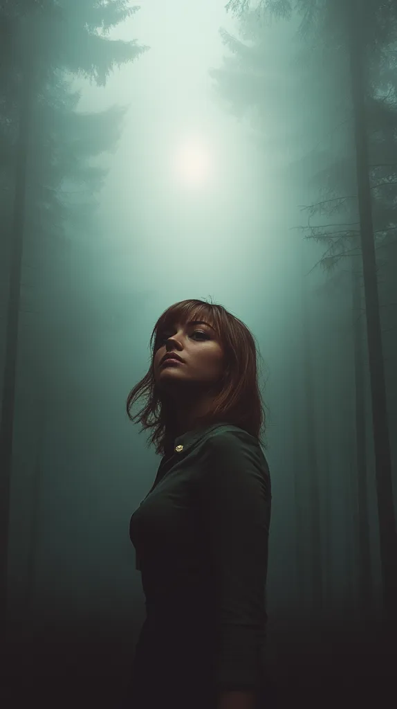 A young woman with shoulder-length brown hair stands in a misty forest.  She wears a dark green long-sleeved shirt. The atmosphere is dark and moody, with tall trees surrounding her, shrouded in fog. A faint light filters through the canopy above.  The overall impression is one of mystery and solitude.
