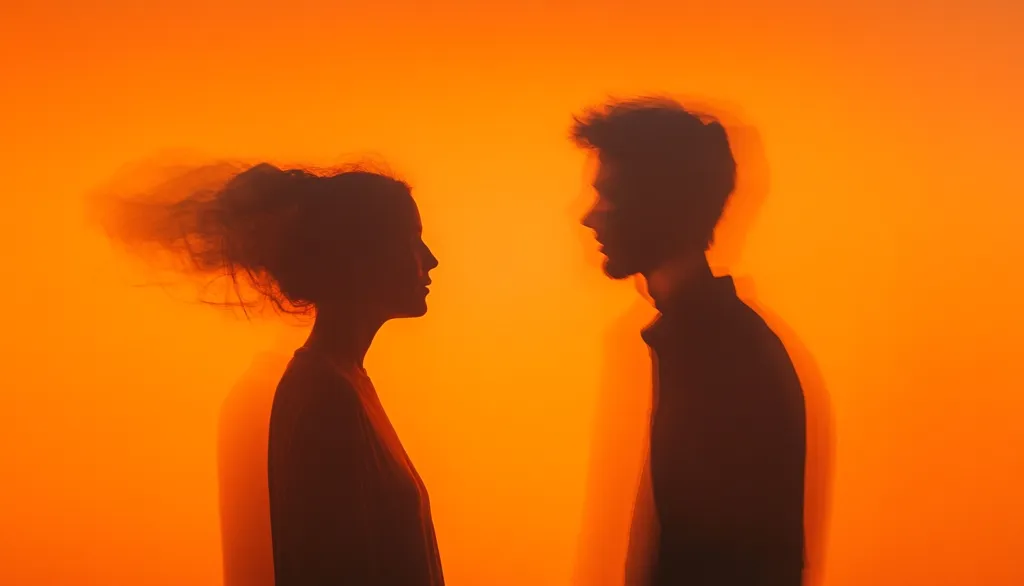 Silhouetted figures of a man and woman face each other against a vibrant orange backdrop.  The woman's hair appears windblown, creating a sense of movement.  Their forms are slightly blurred, adding to the ethereal and mysterious mood of the image.  The contrasting dark silhouettes and bright background emphasize intimacy and a feeling of intense emotion.