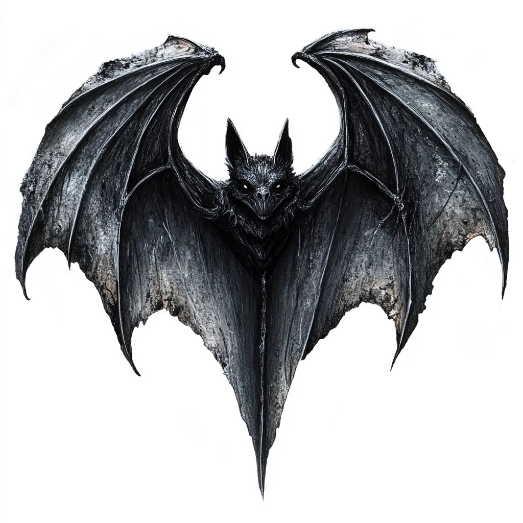 A detailed illustration depicts a menacing bat, its wings spread wide in a heart shape.  The bat's body is dark and textured, appearing almost stony, with intense eyes.  The wings are intricately rendered, showcasing ragged edges and a gritty, shadowed quality. The overall style evokes a gothic or dark fantasy aesthetic. The bat is centrally positioned against a stark white background.
