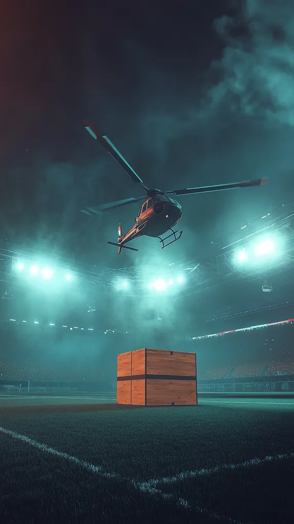 A helicopter hovers over a large, wooden crate situated in the center of a dimly lit stadium.  The stadium's lights cast an eerie teal glow across the empty field. The scene is atmospheric and suggestive of a clandestine operation or delivery.  The night sky is dark and cloudy, enhancing the mysterious mood.