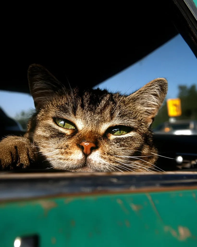 A tabby cat with striking green eyes peers from the window of a teal-colored vehicle.  Its paws rest on the sill, its expression a blend of curiosity and contentment. The sun illuminates the cat's fur, creating a dramatic contrast against the weathered paint of the car.  The background is blurred, suggesting a roadside scene.