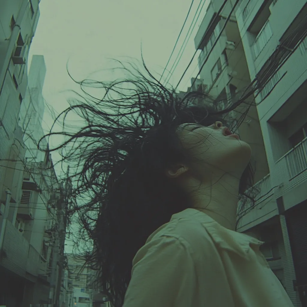 A young woman with long, dark hair stands in a narrow city alleyway, her head tilted back, hair wildly tossed by the wind.  The buildings flanking her are tall and imposing, a muted green-toned palette dominating the scene. Her expression is serene despite the forceful wind, creating a mood of quiet defiance within the urban environment.  The overall image is evocative and slightly melancholic.