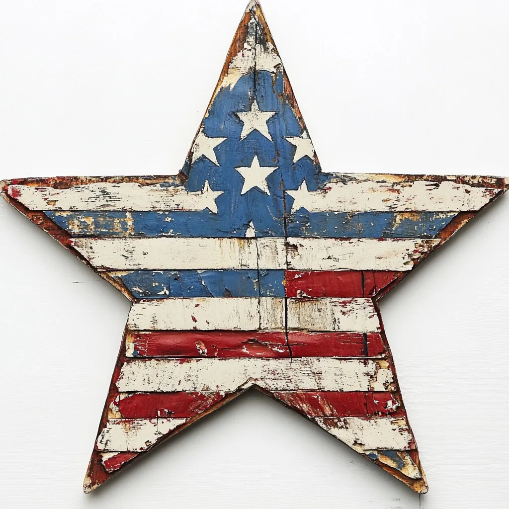 A rustic, wooden star-shaped decoration displays a distressed American flag design.  The red, white, and blue paint is heavily weathered, giving it an antique look. The star's points are uneven, adding to its handmade charm.  It would be a unique addition to patriotic decor.