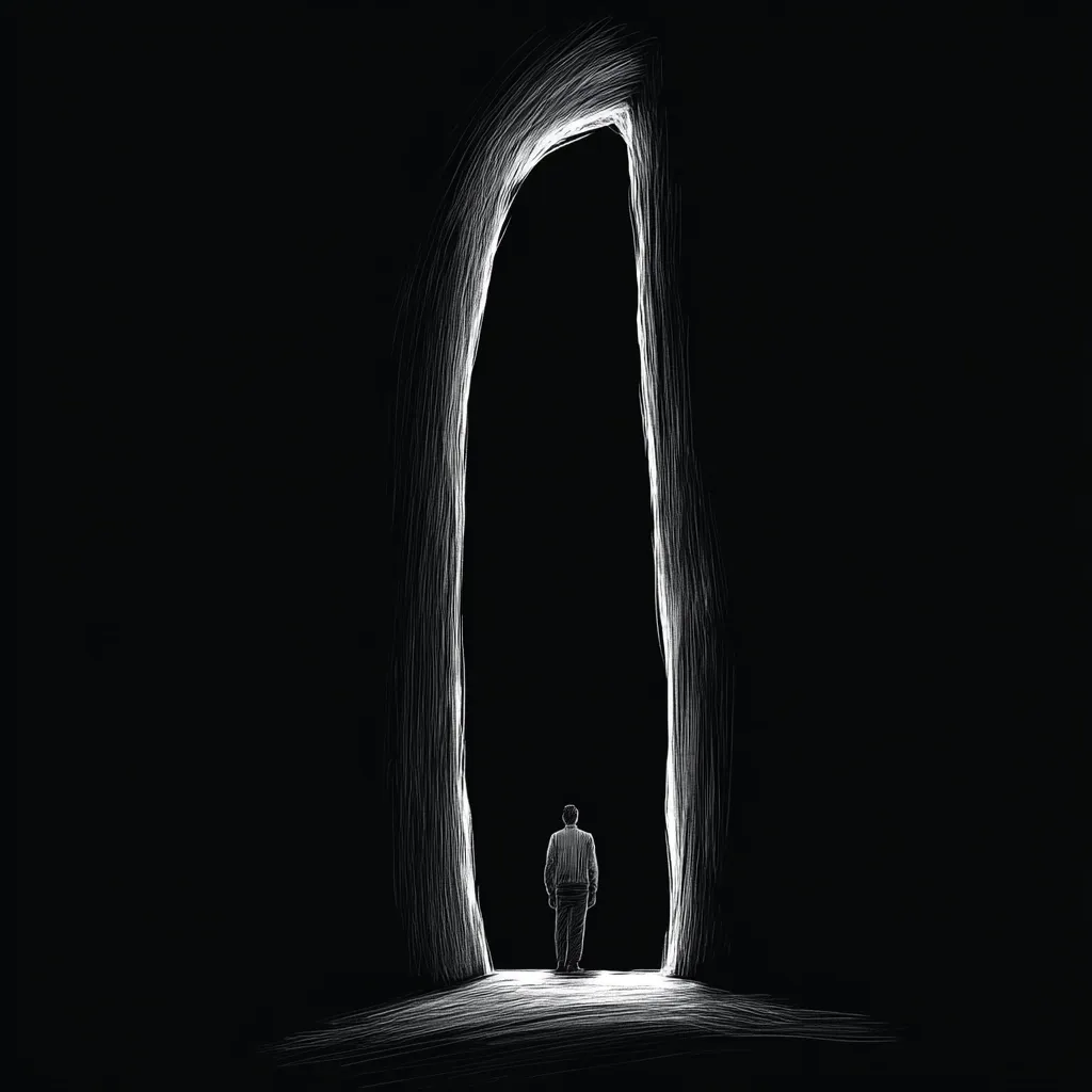 A solitary figure stands at the threshold of a luminous archway carved into a dark, cavernous space.  The man's back is to the viewer, his posture suggesting contemplation or uncertainty. The stark contrast between the bright opening and the surrounding blackness creates a powerful visual metaphor for choice, transition, or the unknown.  The sketch-like style adds to the image's evocative and somewhat mysterious quality.