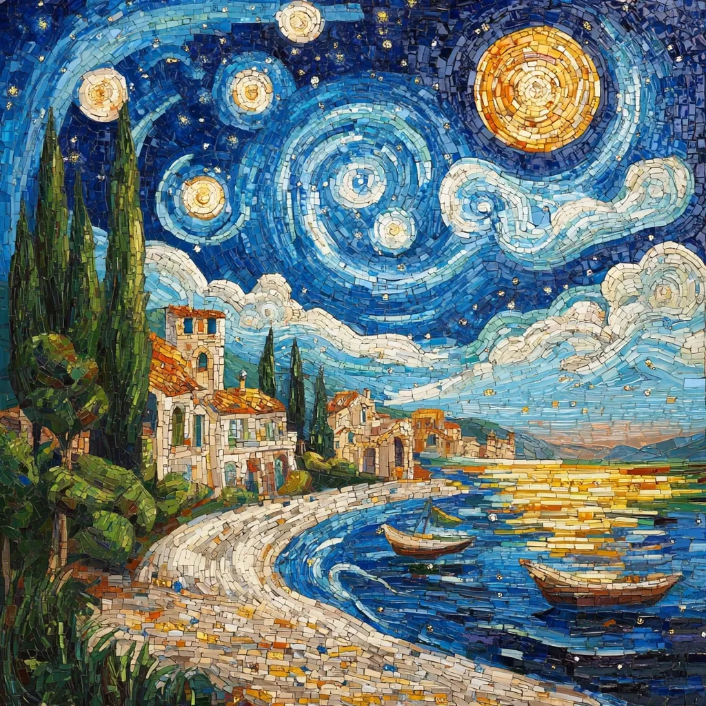 A stunning mosaic artwork recreates Van Gogh's "Starry Night" over a tranquil coastal scene.  Tall cypress trees flank a charming village nestled on a curving beach.  Two small boats rest in the calm, reflecting water under a vibrant, swirling night sky filled with luminous stars and a large, golden moon. The mosaic's intricate detail brings the scene to life with a rich texture and warm color palette.