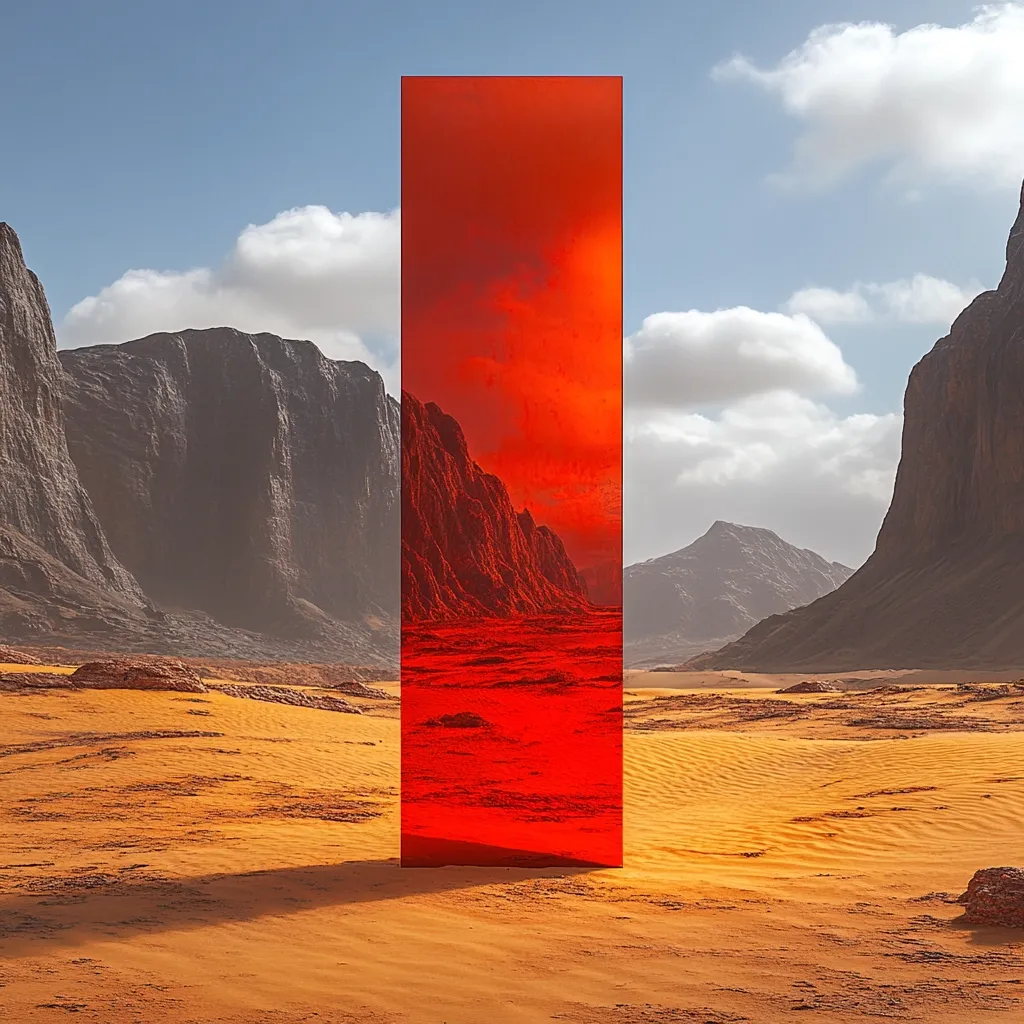 A tall, red, rectangular monolith stands in a desolate desert landscape.  Towering rock formations rise in the background under a partly cloudy sky.  The monolith reflects a fiery, red-hued version of the desert scenery, creating a surreal and otherworldly atmosphere. The sand is a consistent orange-brown, emphasizing the starkness of the environment.
