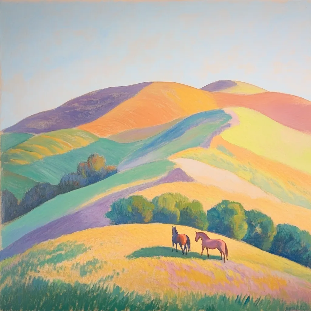 Two horses stand in a sun-drenched meadow, their silhouettes outlined against rolling hills.  The landscape is painted in vibrant pastel hues of yellow, orange, green, and purple, creating a serene and idyllic scene.  The hills undulate gently, showcasing a calm and peaceful atmosphere under a pale sky. The overall style suggests a modern pastoral painting.