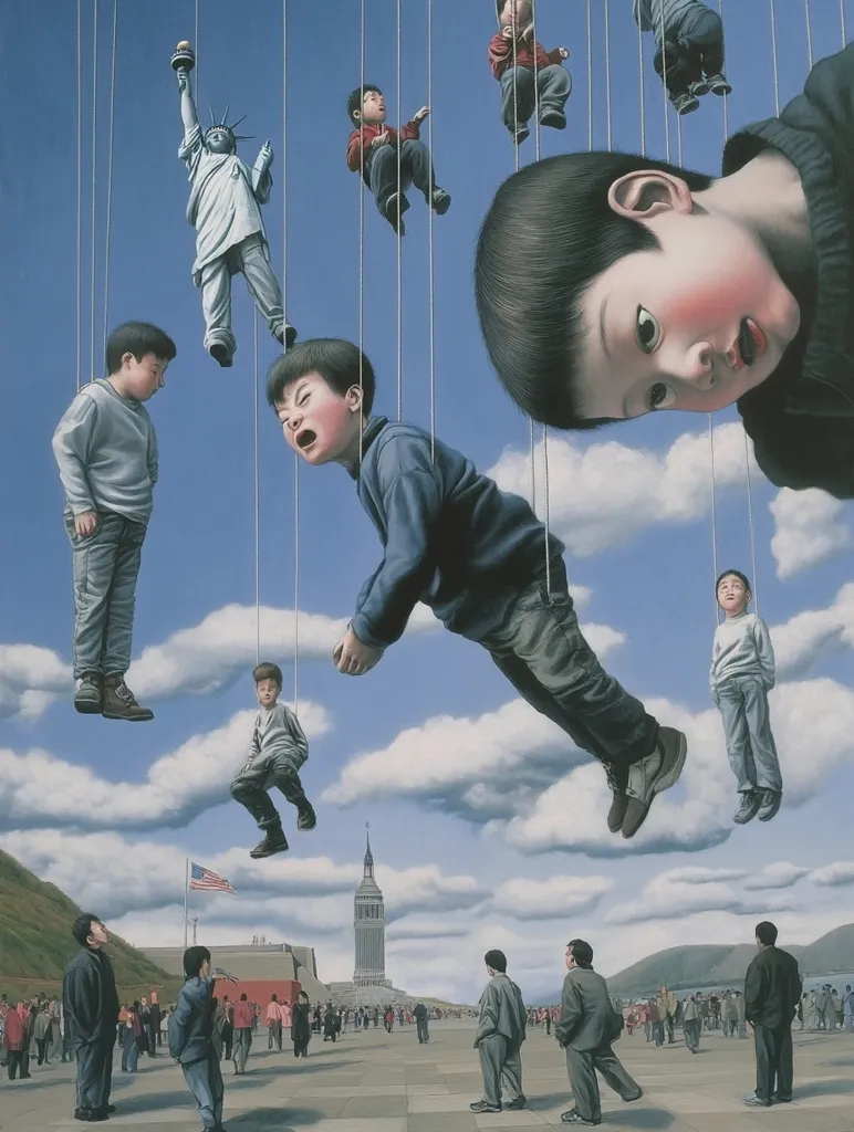 A surreal painting depicts children and a Statue of Liberty suspended by strings against a partly cloudy sky.  Below, adults stroll along a wide plaza towards a distant cityscape featuring a clock tower and American flag. The children's expressions range from serene to distressed, hinting at themes of control, freedom, and cultural juxtaposition. The overall mood is one of unsettling contemplation.