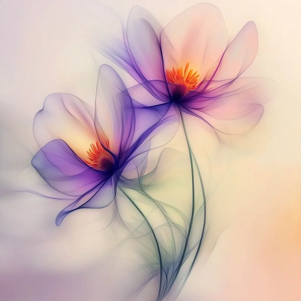 Two translucent flowers, rendered in shades of purple and soft orange, dominate the image.  Their delicate petals and slender stems appear almost ethereal against a pale, warm background.  The style is reminiscent of a watercolor painting or digital art, emphasizing a dreamlike, soft focus.  The overall effect is one of delicate beauty and tranquility.