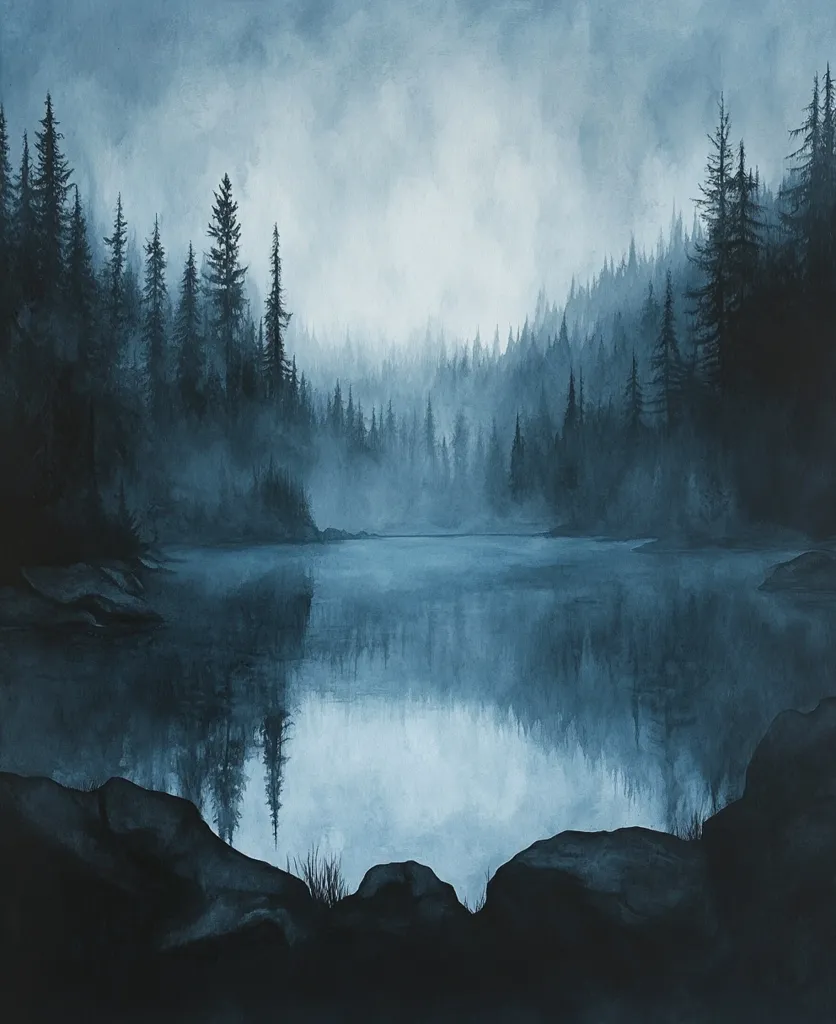 A serene watercolor painting depicts a tranquil lake nestled within a misty forest.  Dark, evergreen trees line the shore, their reflections mirrored perfectly in the still water.  A monochromatic palette of blues and grays creates a moody, atmospheric scene, enhancing the sense of quietude and mystery.  The fog adds depth, obscuring the distant trees and lending an ethereal quality to the landscape.