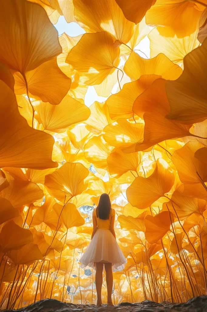 A woman in a white dress stands amidst a breathtaking expanse of vibrant golden leaves.  The leaves, large and luminous, create a canopy overhead, forming a surreal and enchanting scene.  The sunlight filters through the foliage, casting a warm glow on the scene. The overall impression is one of serenity and magical beauty.