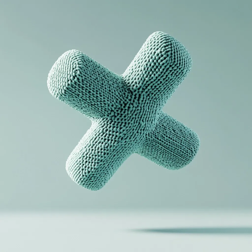 A 3D rendered image showcases a plus sign (+) with a unique texture.  The symbol appears to be constructed from numerous small, closely packed spheres, giving it a soft, almost fuzzy appearance.  The light teal color and minimalist background highlight the object's form and texture.  The plus sign is slightly angled, creating a dynamic visual effect.