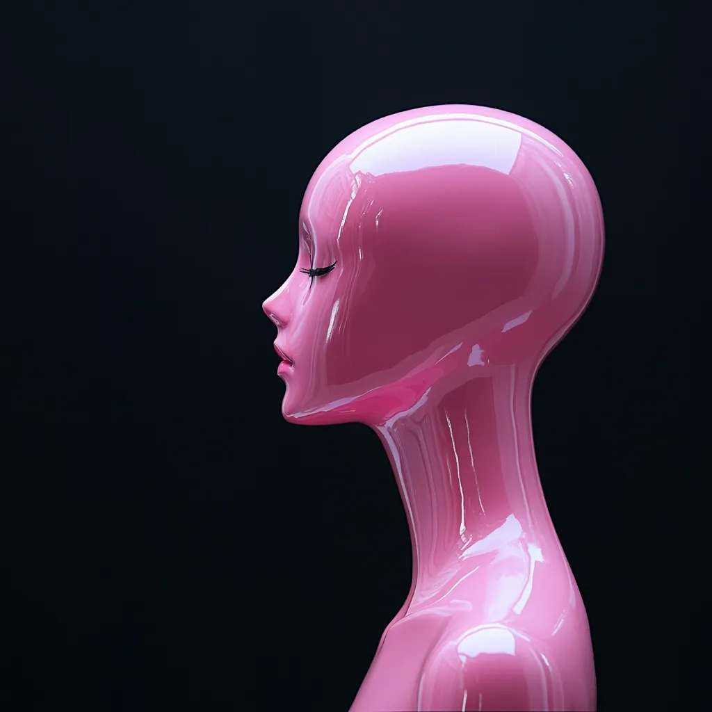 A glossy pink mannequin head and shoulders are shown in profile against a black background.  The mannequin's eyes are closed, and its features are smooth and subtly defined. The high-gloss finish reflects light, creating a striking contrast with the dark backdrop.  The image has a minimalist and somewhat surreal quality.