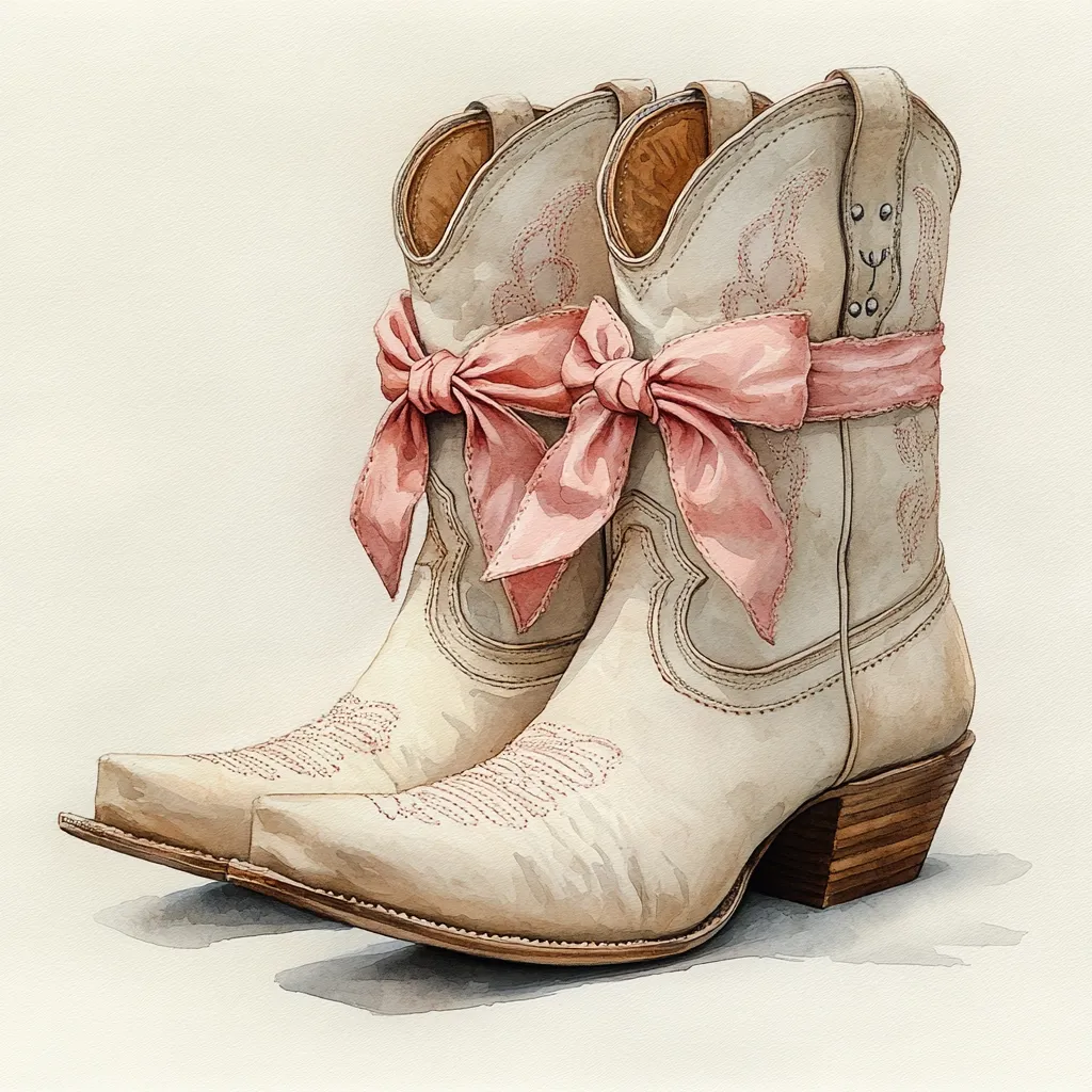 A watercolor painting depicts a pair of cream-colored cowboy boots adorned with delicate pink ribbons tied in bows around the ankles. The boots are intricately detailed with stitching, showcasing a classic Western style.  The soft color palette and artistic rendering create a feminine and charming image.  The boots are positioned slightly angled, one slightly in front of the other.