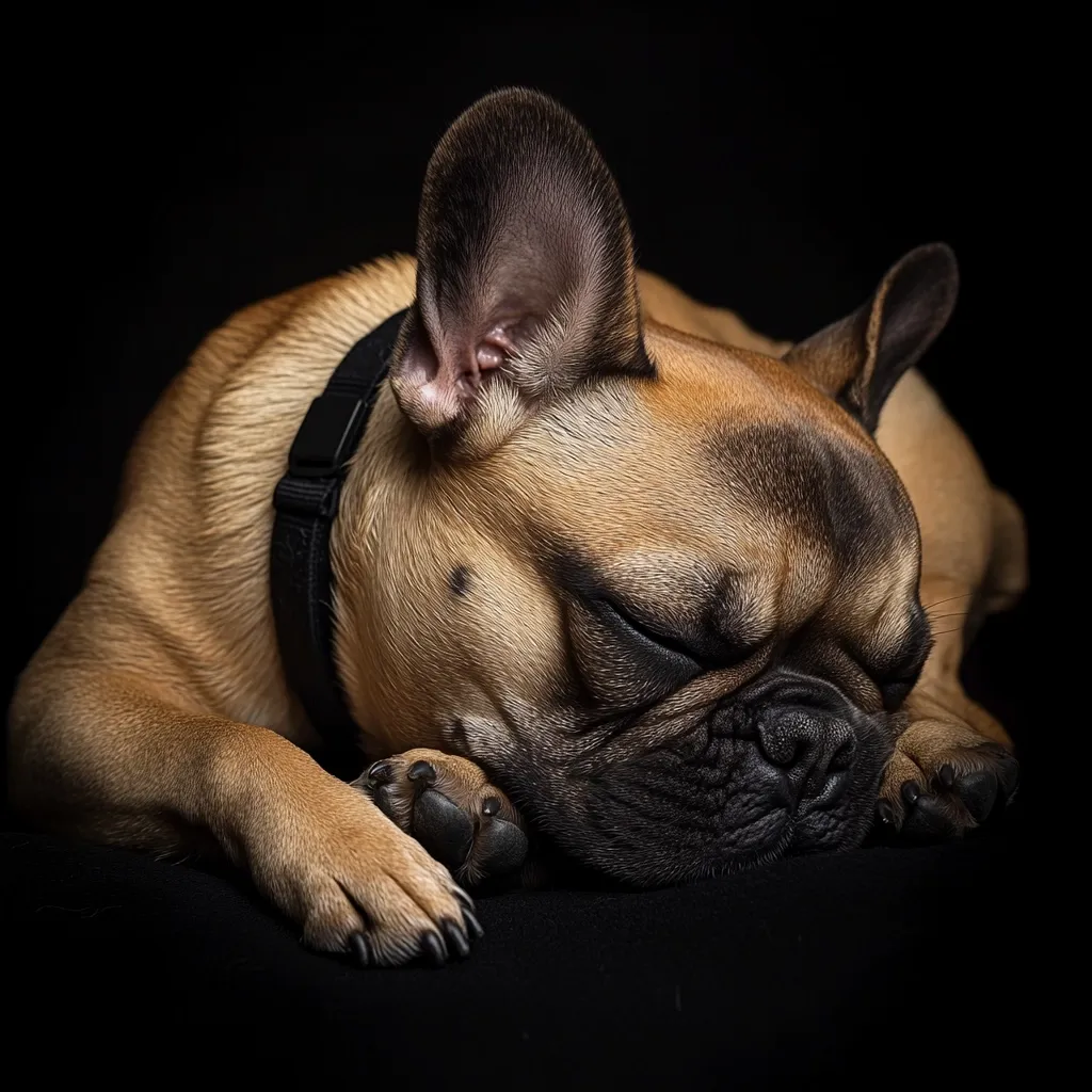 A fawn-colored French Bulldog puppy sleeps soundly on a dark surface.  Its eyes are closed, and its paws are tucked neatly beneath it.  The dog wears a black collar, and the image is sharply focused, highlighting the texture of its fur and the details of its face.  The dark background emphasizes the puppy's calm demeanor.