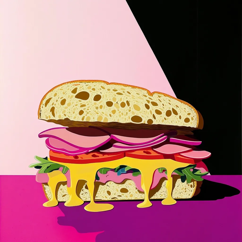 A vibrant illustration depicts a delectable sandwich overflowing with melted cheese.  The sandwich, featuring layers of ham, tomato, and onion, is nestled between halves of a crusty, textured bun.  The composition is bold, with contrasting colors—pink, purple, and black—forming a striking background for the appetizing centerpiece. The melted cheese drips dramatically, adding a sense of richness and indulgence to the image.