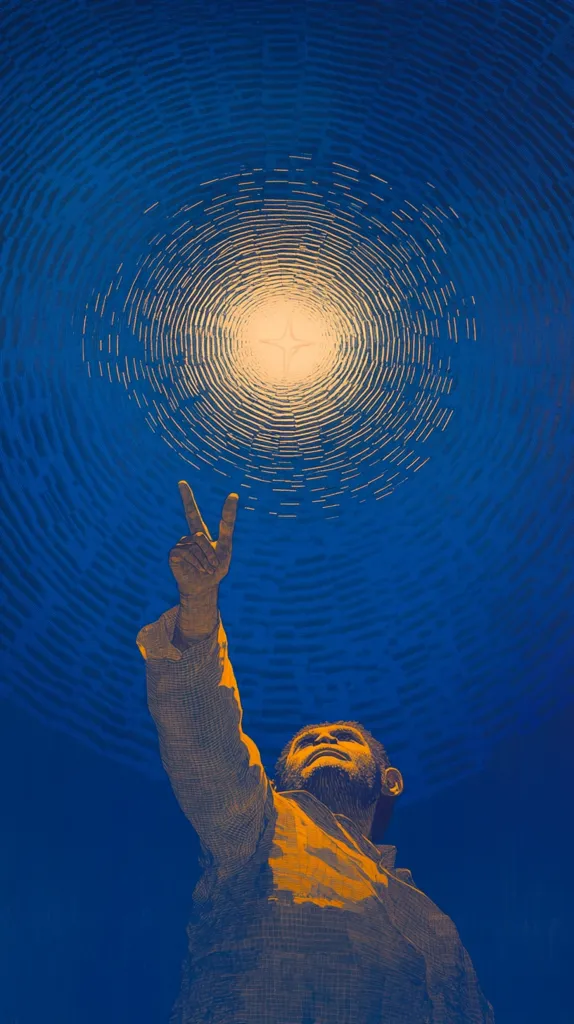 A stylized illustration depicts a man reaching upward, his hand forming a peace sign.  The background is a deep blue, swirling outward from a central point of bright light, creating a celestial or spiritual atmosphere.  The man's form is outlined in a contrasting golden-orange, suggesting a sense of hope, aspiration, or enlightenment. The overall style is graphic and evocative.
