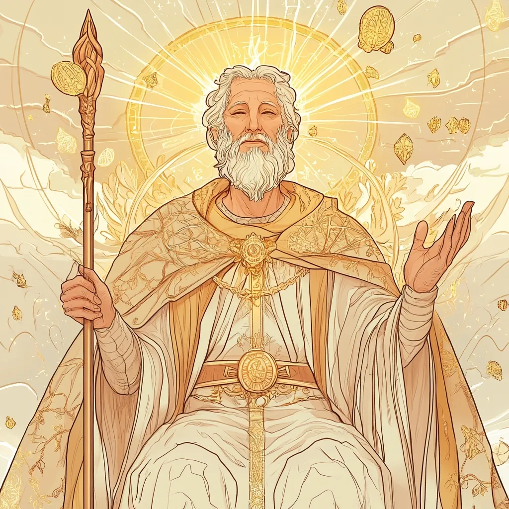 A serene, elderly man with long white hair and beard sits regally on a throne, radiating a golden light. He holds a staff topped with a flame, and golden coins and crystals float around him.  He's adorned in ornate, flowing robes and a jeweled belt, projecting an air of wisdom and divine authority. The style is reminiscent of religious iconography or fantasy art.