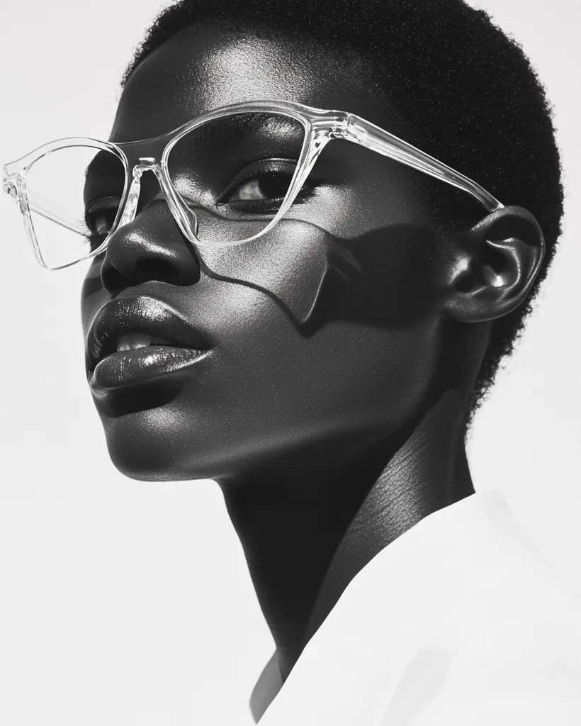 A black and white close-up portrait of a young woman with short dark hair. She wears clear, cat-eye glasses and a white collared shirt.  Strong shadows accentuate her high cheekbones and jawline. The image is stylish and minimalist, focusing on texture and contrast.  Her expression is serious and direct.