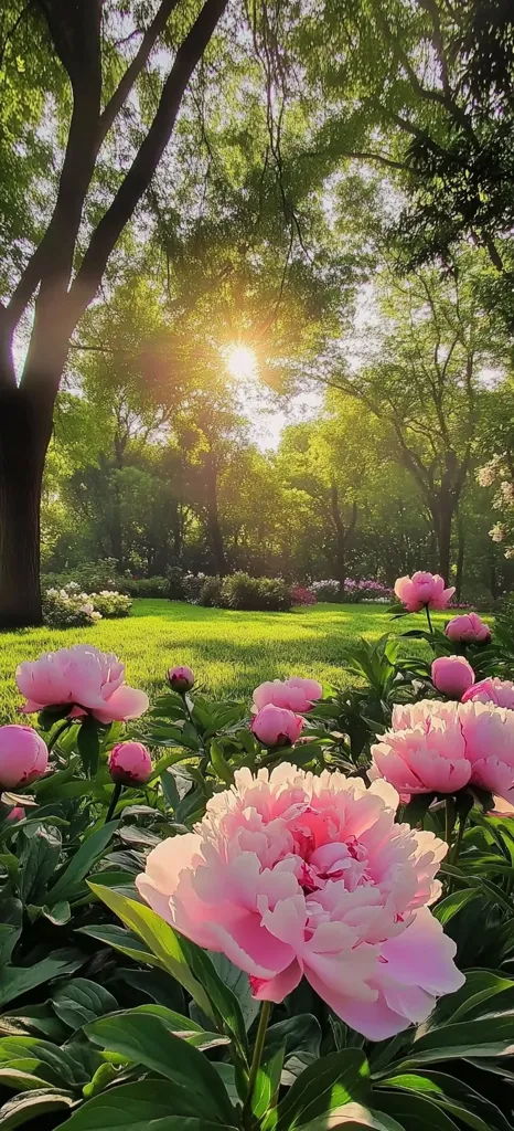 A breathtaking view of a lush garden bathed in the golden sunlight of dawn.  Lush green grass stretches out under the shade of majestic trees, their leaves filtering the sunlight.  Delicate pink peonies, in full bloom, dominate the foreground, their soft petals glowing in the warm light.  The scene exudes serenity and the beauty of nature at its finest.