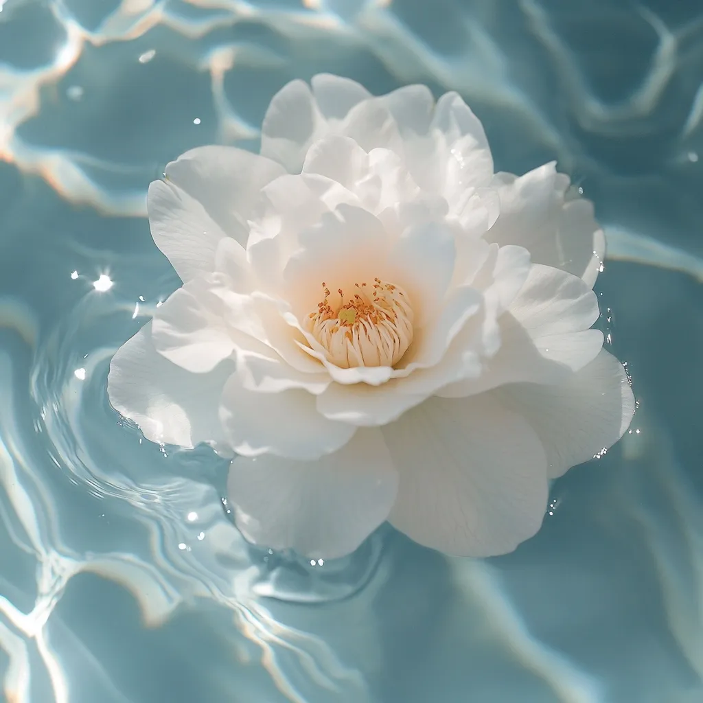 A pristine white camellia floats serenely on the surface of calm, teal water.  Sunlight filters through the water, creating subtle ripples and shimmering highlights. The flower's delicate petals and intricate center are beautifully showcased against the tranquil backdrop.  The overall image evokes a sense of peace and tranquility.