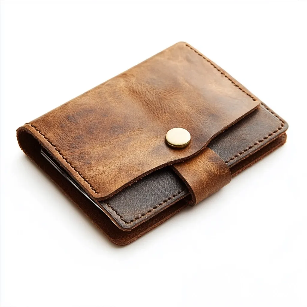 A rustic brown leather wallet lies on a white background.  The wallet is handcrafted with visible stitching and features a dark brown interior. A single brass button secures the flap.  The leather has a distressed, worn look, suggesting a vintage or antique style. The wallet is compact and appears to be designed for cards and minimal cash.