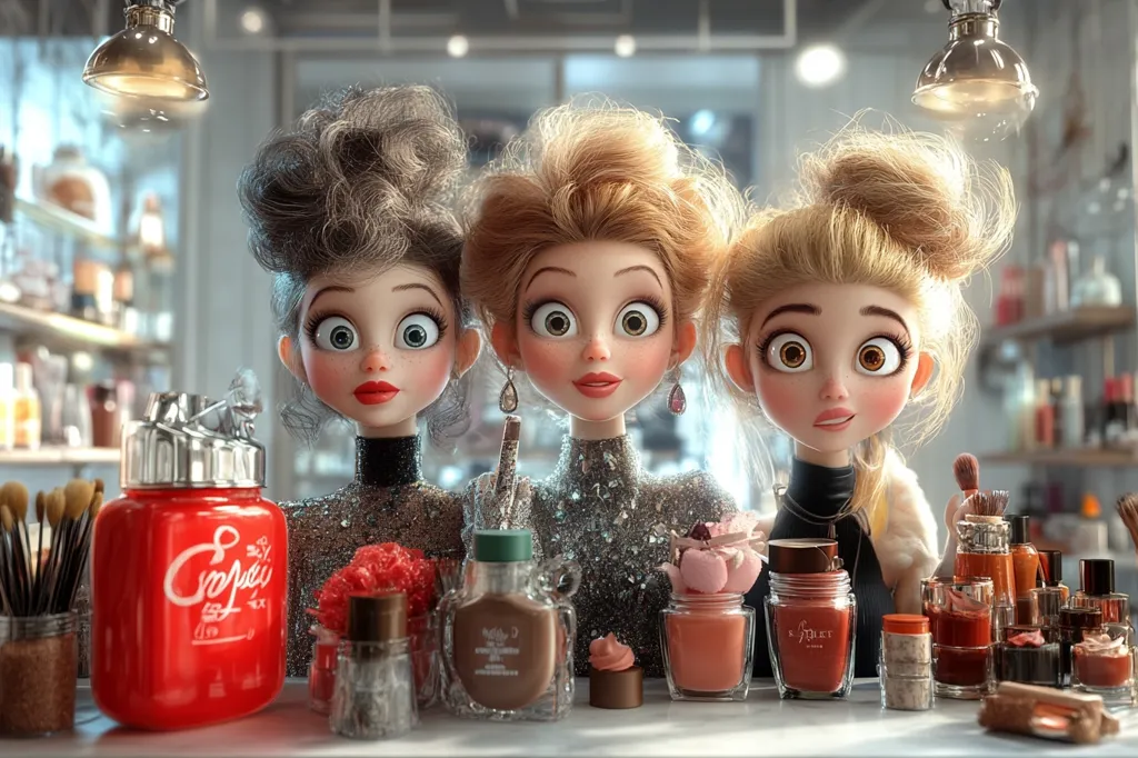 Three stylized cartoon girls with large eyes and elaborate hairstyles are seated at a vanity.  They wear sparkling, dark tops.  Before them sits an array of cosmetics, including jars, bottles, and makeup brushes, in shades of pink, brown, and red. A red container with script is prominently displayed. The setting appears to be a stylish shop or boutique. The image is highly detailed and rendered in a 3D style.