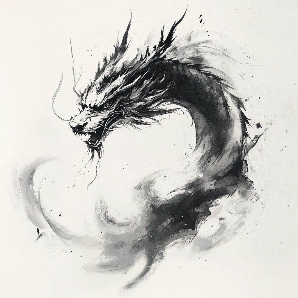 A monochromatic painting depicts a dragon's head and neck, rendered in a dynamic, expressive style.  The dragon is sharply detailed, its scales and features meticulously rendered, contrasting with the loose, expressive brushstrokes used for the background and body.  The overall effect is one of power and movement, with the dragon appearing to coil and surge forward.  The piece evokes a sense of both strength and ethereal beauty.