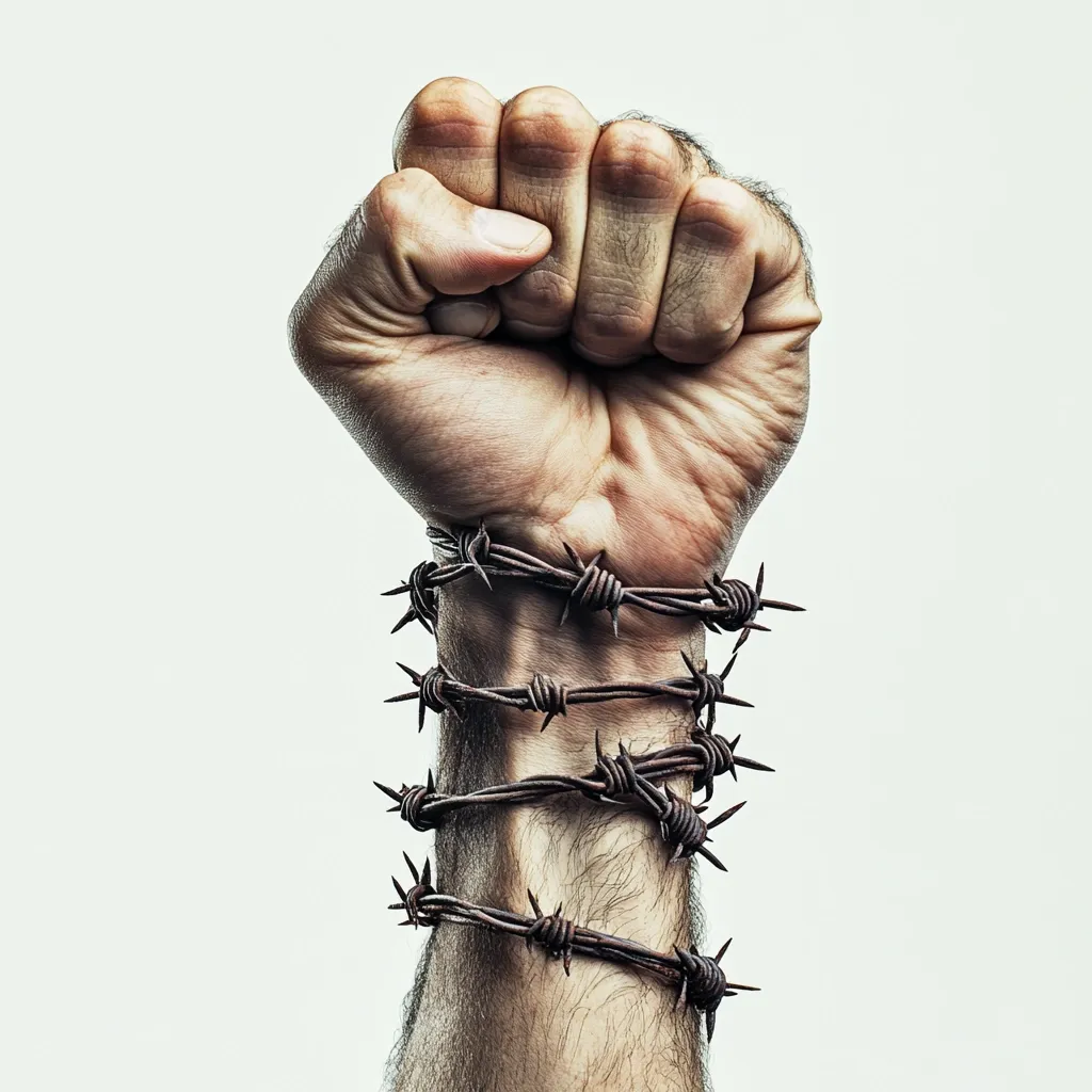 A powerful image depicting a clenched fist with multiple strands of barbed wire wrapped tightly around the wrist.  The contrast between the raised fist, symbolizing defiance or resistance, and the restrictive barbed wire, represents oppression or struggle. The image evokes strong emotions related to captivity, fight for freedom, or overcoming adversity.