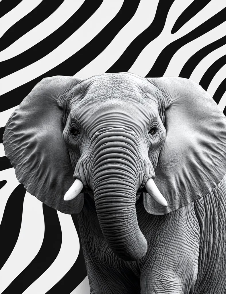 A monochrome close-up captures an elephant's head and shoulders against a backdrop of black and white zebra stripes.  The elephant's textured skin and large ears are prominently featured. The image's contrast between the elephant's gray tones and the bold stripes creates a striking visual effect. The elephant's gaze is direct, engaging the viewer with its powerful presence.