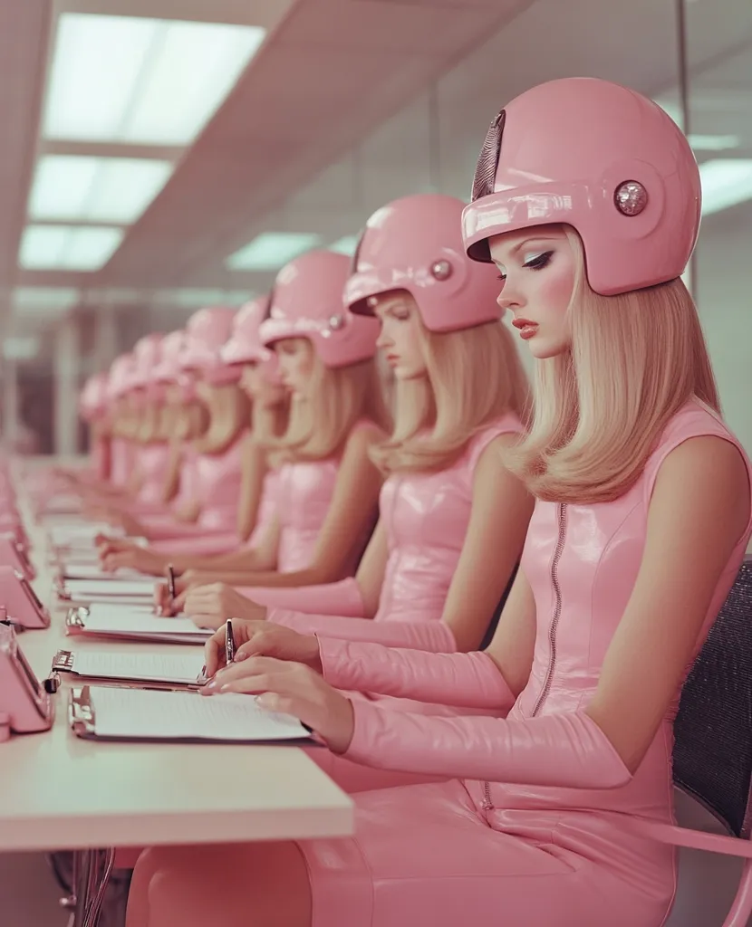 A line of women in pink, futuristic, vinyl dresses and helmets sit at desks, diligently writing on clipboards.  The scene is sterile and repetitive, creating a surreal, almost robotic atmosphere.  The image evokes a sense of conformity and mass production within a stylized, fantasy setting.  The overall tone is pink and visually striking.