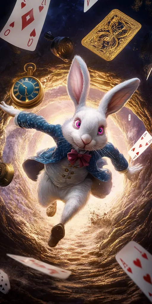 A white rabbit, dressed in a waistcoat and bow tie, tumbles through a swirling vortex.  Playing cards and a pocket watch float around him, creating a chaotic scene reminiscent of Alice in Wonderland. The rabbit's pink eyes add a touch of whimsical eeriness. The artwork is vibrant and dynamic, capturing a sense of frantic movement and surrealism.