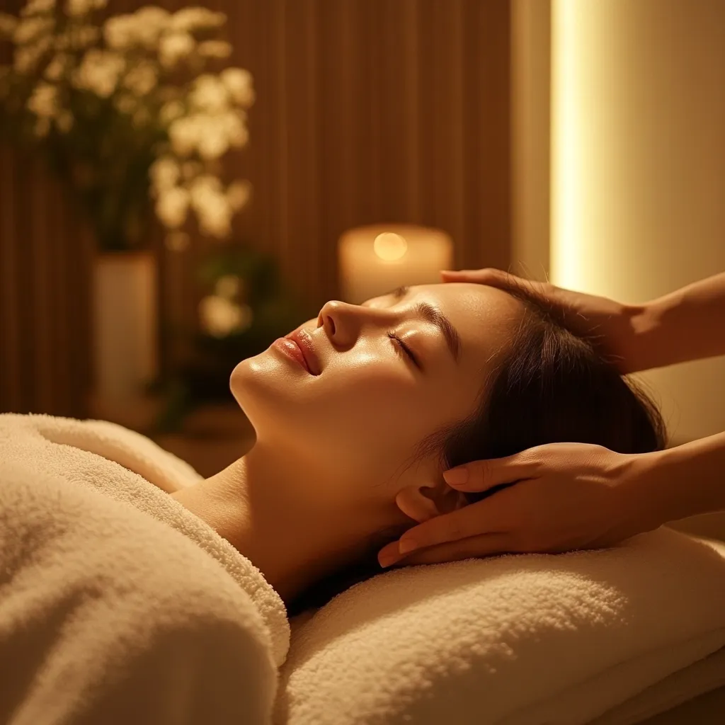 A young woman relaxes on a spa bed, eyes closed, receiving a gentle head and face massage.  Warm, soft lighting illuminates her serene expression and the calming atmosphere of the spa.  She is draped in a white robe, and the masseuse's hands rest lightly on her head and neck.  The scene conveys tranquility and well-being.