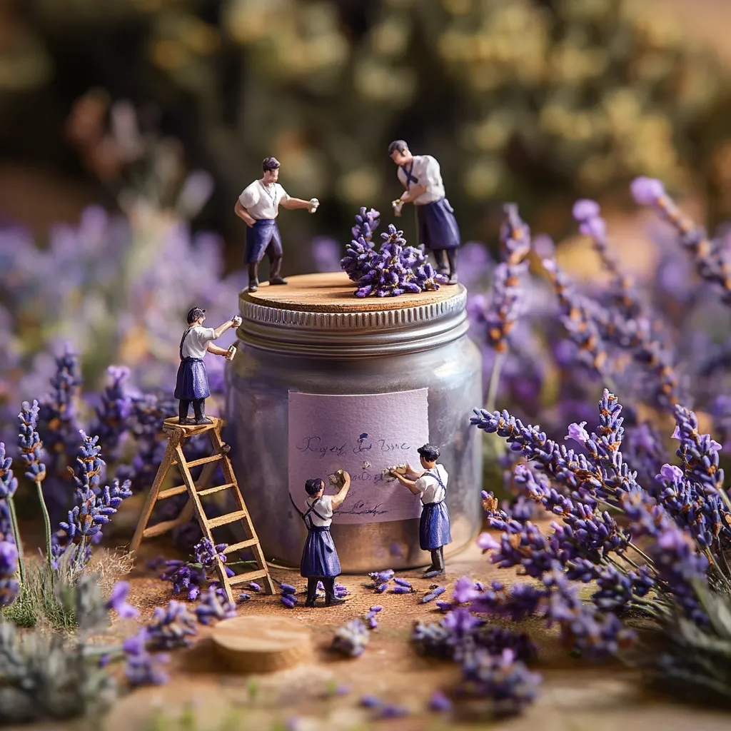 Miniature figures meticulously work around a silver jar amidst a field of lavender.  Some figures harvest lavender blossoms, placing them on the jar's lid. Others decorate a label on the jar with what looks like calligraphy.  The scene is charming and whimsical, suggesting a handcrafted, artisanal product.  The overall mood is peaceful and serene.