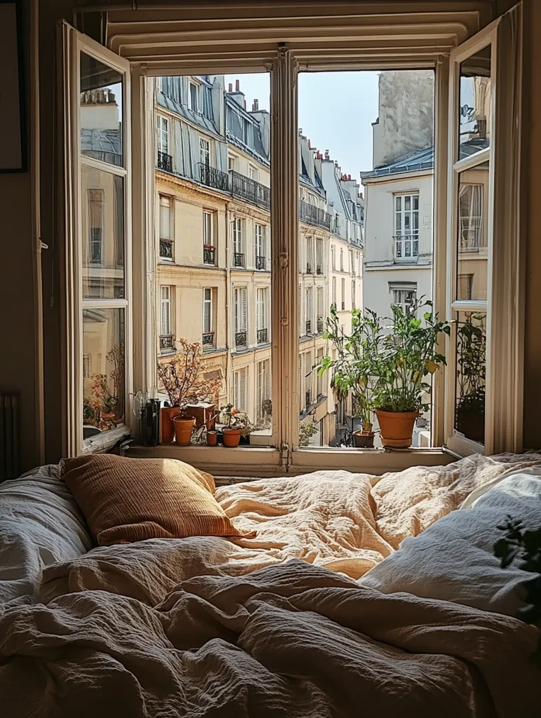 A cozy bed with beige linen bedding sits nestled in front of a large window.  The window is open, revealing a picturesque view of Parisian buildings.  Sunlight streams in, illuminating the room and the plants on the windowsill. The overall atmosphere is calm and serene, suggesting a peaceful and inviting space.