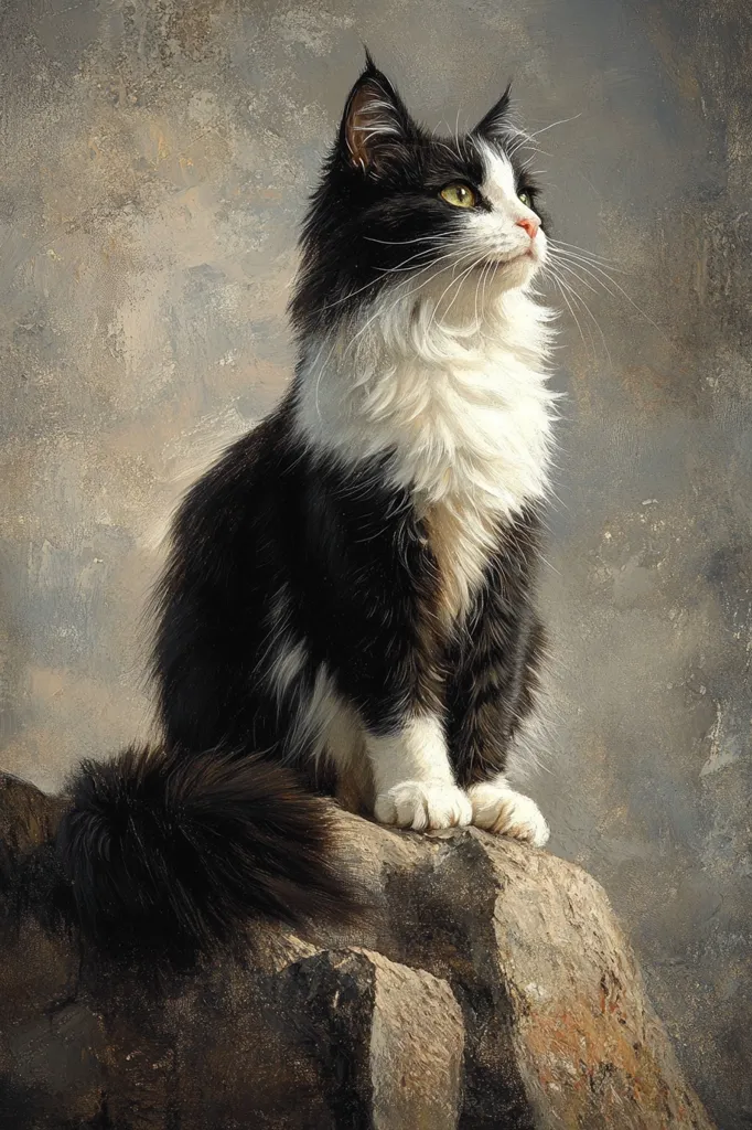 A black and white long-haired cat sits perched atop a rough-hewn rock formation.  Its gaze is directed upward, towards an unseen object, giving it a regal and observant air. The cat's fur is meticulously detailed, showcasing its soft texture and contrasting colors.  The background is a muted, textured grey, providing a stark contrast to the cat's vibrant markings. The overall style is reminiscent of classical pet portraiture.