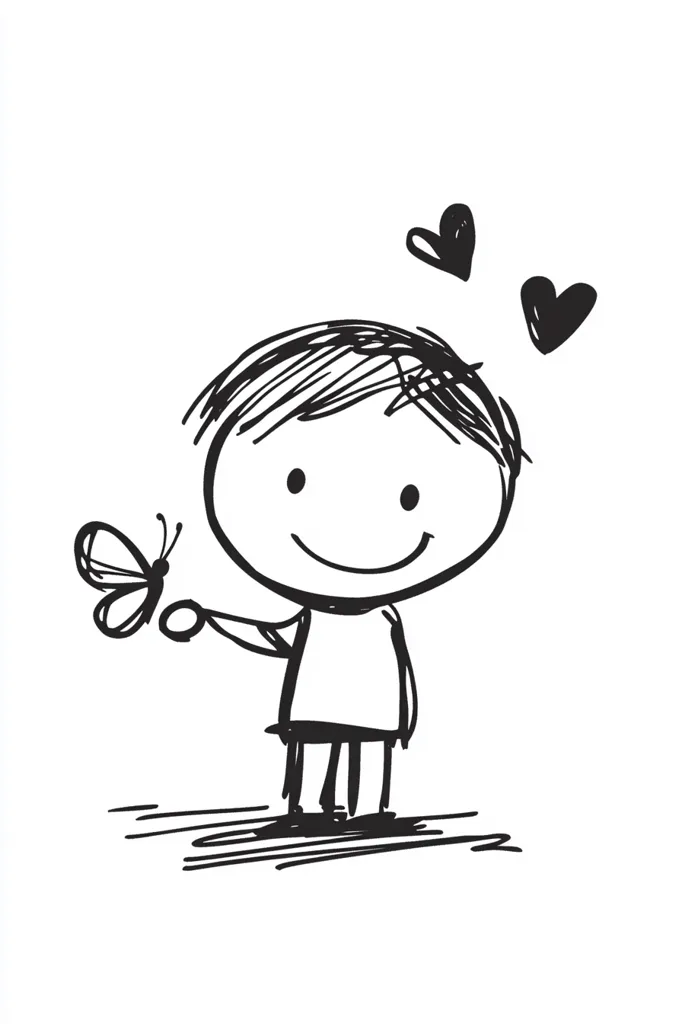 A simple line drawing of a child-like figure with a large head and small body.  The figure has a happy expression and is extending a hand towards a small butterfly. Two hearts float above the figure's head, adding to the sweet and innocent tone of the image. The style is childlike and carefree, suggesting a feeling of joy and connection with nature.