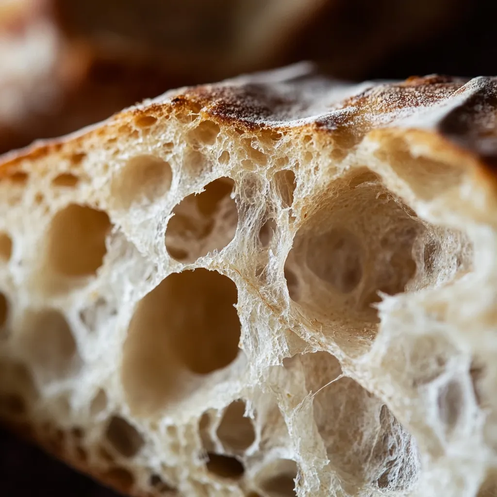 A close-up shot reveals the airy, open crumb structure of a freshly baked loaf of bread.  The interior showcases numerous irregular holes, indicative of a well-fermented dough, with a light beige-brown hue.  The surface displays a dusting of flour.  The image emphasizes the texture and the craftsmanship of artisanal breadmaking.