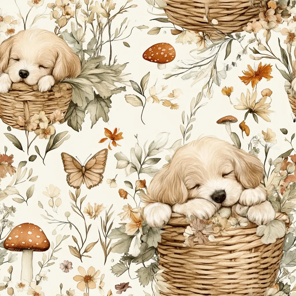A charming watercolor pattern features adorable sleeping puppies nestled in wicker baskets.  Surrounding the puppies are delicate autumnal flowers, mushrooms, and butterflies, creating a cozy and whimsical autumnal scene. The soft color palette and detailed illustrations evoke a sense of warmth and tranquility. The repeating pattern is ideal for fabric, stationery, or home decor.