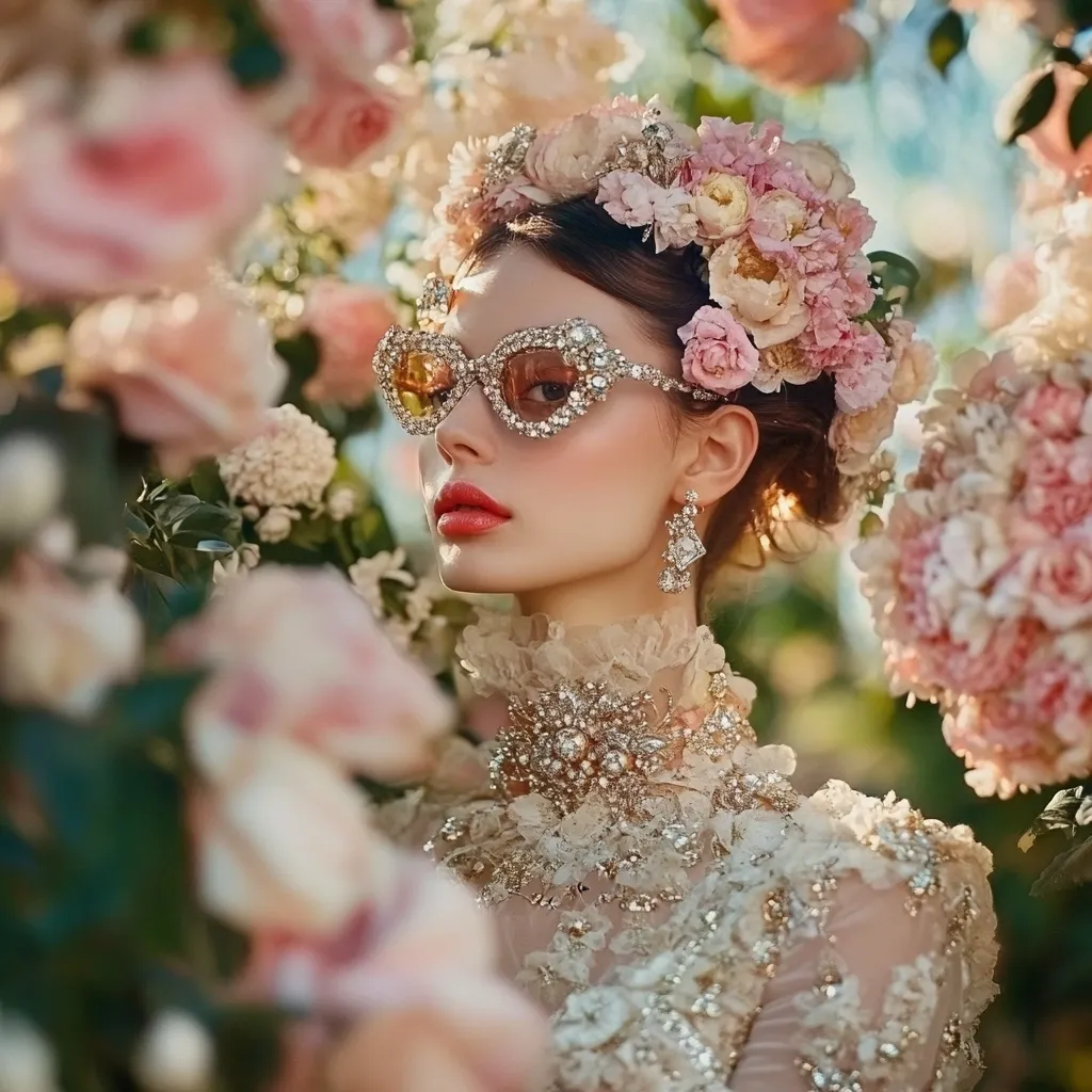 A woman adorned in a jeweled crown of pink flowers and a sparkling, embellished gown poses amidst a lush rose garden.  She wears large, rhinestone-encrusted sunglasses, adding to her glamorous, fairytale-like appearance.  The image is soft and romantic, capturing a moment of exquisite beauty and elegance.