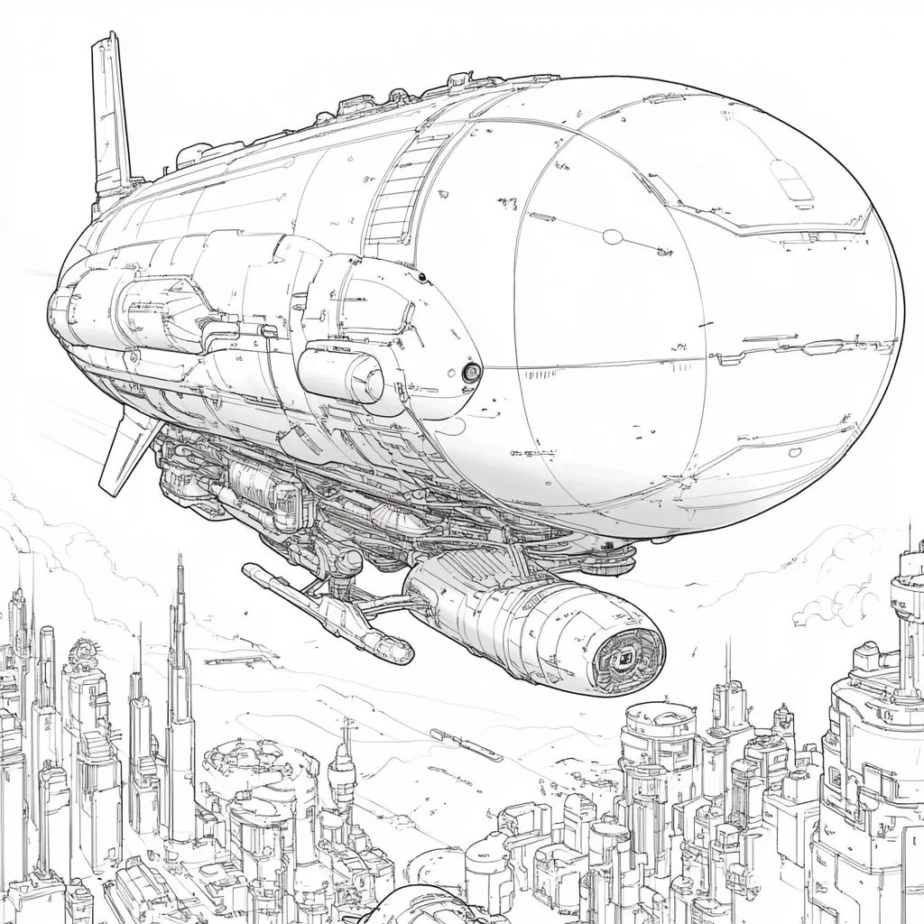 A detailed line drawing depicts a futuristic airship soaring over a sprawling cityscape. The airship is meticulously rendered, showcasing its complex mechanical details and sleek, elongated design. Below, the city's futuristic architecture stretches to the horizon, a dense collection of towering structures. The contrast between the advanced technology of the airship and the intricate urban landscape creates a compelling scene. The drawing's style suggests a blend of science fiction and architectural illustration.