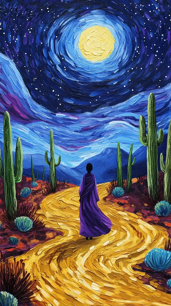 A vibrant impasto painting depicts a lone figure in a purple robe walking down a winding, golden path under a swirling night sky.  Tall cacti flank the path, silhouetted against a large, luminous moon. The artist uses bold strokes and rich colors to create a dreamy, almost surreal, desert landscape.  The scene evokes a sense of journey and contemplation under the vastness of the night.
