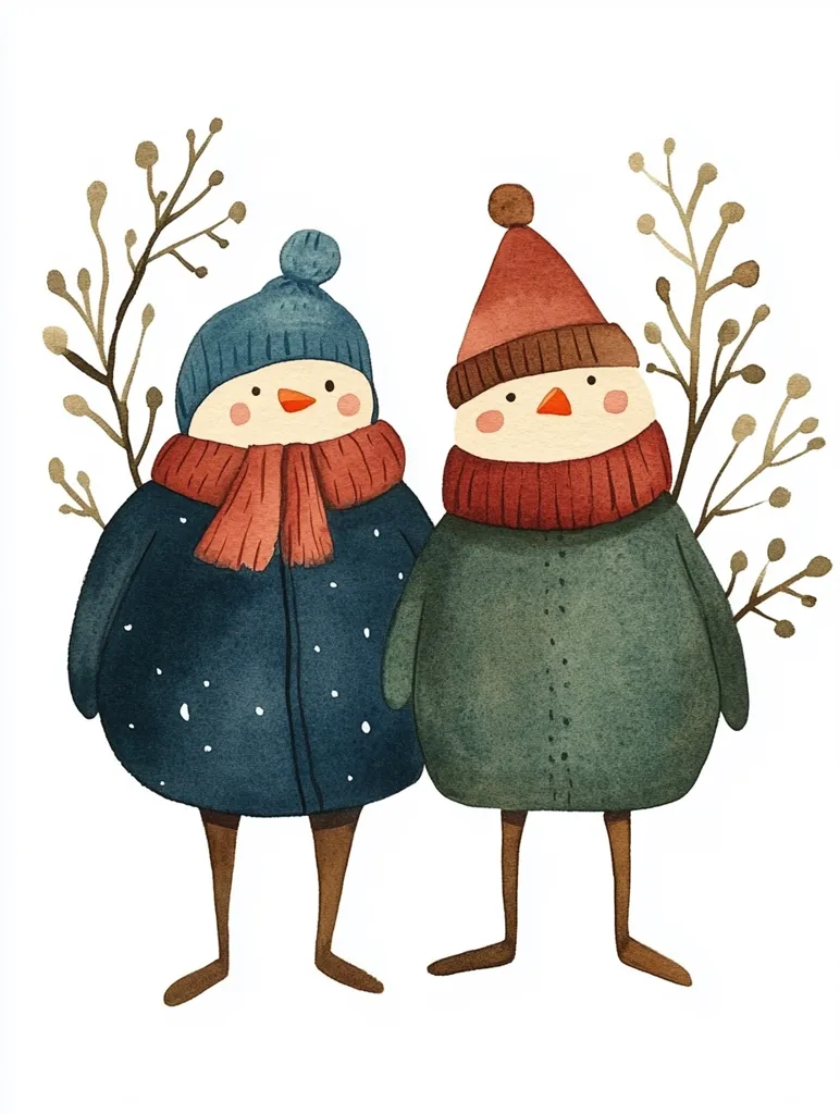 A charming watercolor illustration depicts two adorable bird-like creatures bundled in warm winter attire.  One wears a blue hat and coat with an orange scarf, while the other sports a red hat and green coat.  Both hold small, bare branches, adding a touch of nature to the cozy scene.  Their simple, endearing features create a heartwarming winter image.