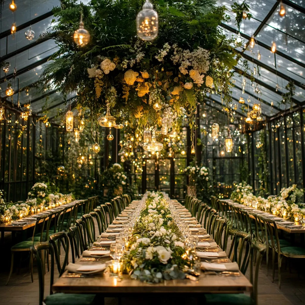 A long wooden table adorned with lush greenery and candlelight is the centerpiece of a wedding reception held in a stunning glass greenhouse.  Overhead, a breathtaking floral arrangement hangs amidst numerous warm-toned hanging lights, creating a magical, intimate atmosphere.  Rows of dark green chairs flank the table, completing the elegant, romantic setting.