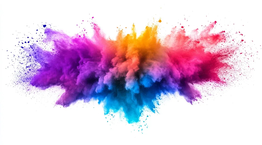 A vibrant explosion of colorful powder dominates the image, set against a stark white background.  The powder bursts outwards in a symmetrical, cloud-like formation, showcasing a spectrum of hues ranging from deep purples and blues at the edges to bright oranges and pinks in the center. Fine particles are dispersed around the main cloud, adding to the dynamic energy of the scene.