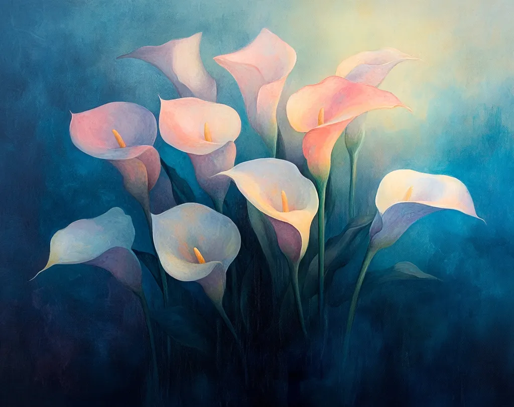 A stylized painting depicts a cluster of calla lilies against a dark teal backdrop.  The lilies are rendered in soft pastel shades of pink, white, and lavender, their forms slightly abstract.  The background transitions subtly from a darker blue at the bottom to a lighter, almost luminous area at the top, enhancing the ethereal quality of the flowers.  The overall effect is serene and evocative.