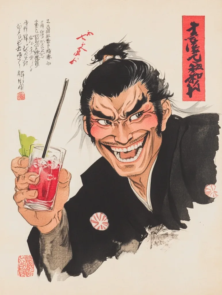 A stylized portrait of a grinning samurai, depicted in a caricature style with exaggerated features. He holds a tall glass of a red drink with a straw.  The art is done in a painterly style, blending ink washes with bolder color accents. Japanese characters are visible in the background and on the image itself, likely a title or poem related to the piece. The overall tone is humorous and slightly irreverent.