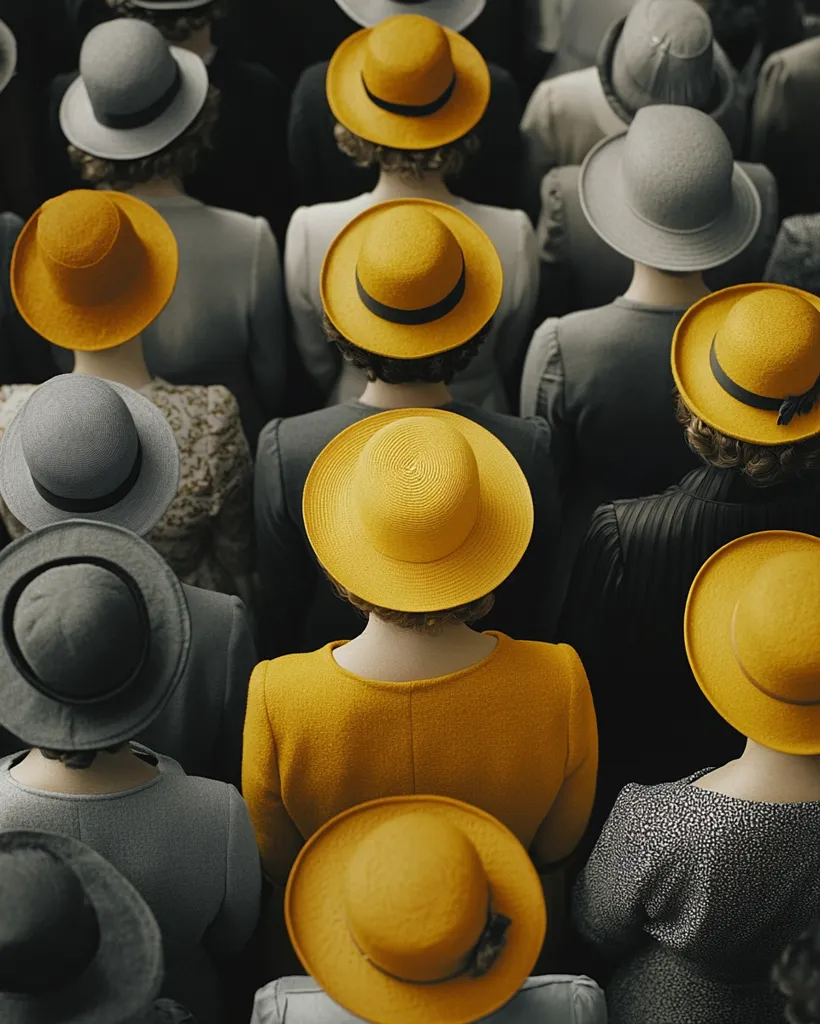 A high-angle, close-up shot captures a crowd of people, predominantly women, viewed from behind.  Their attire consists of stylish hats; a striking contrast between muted gray and vibrant yellow hats creates a visually arresting image.  The yellow hats stand out, drawing the eye to their brightness against the grayscale background. The overall scene suggests a formal gathering or event.