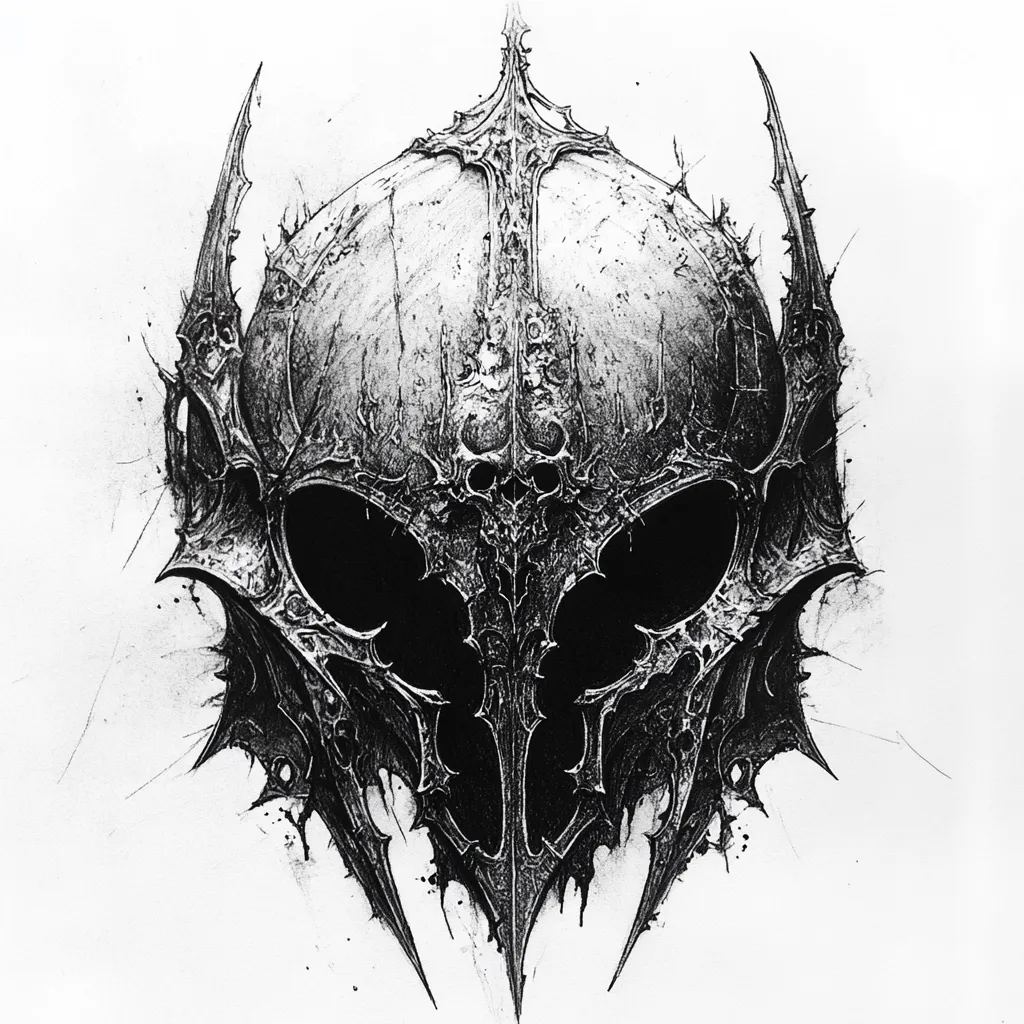 A striking grayscale drawing depicts a meticulously detailed helmet, possibly of fantasy or dark fantasy origin.  The helmet features sharp, intricate ornamentation, with pointed protrusions and a textured surface suggesting aged metal or stone.  The eyeholes are dark voids within the ornate framework, creating a menacing and powerful visual. The style suggests a blend of gothic and possibly demonic influences.